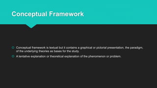 Conceptual Framework
 Conceptual framework is textual but it contains a graphical or pictorial presentation, the paradigm,
of the underlying theories as bases for the study.
 A tentative explanation or theoretical explanation of the phenomenon or problem.
 