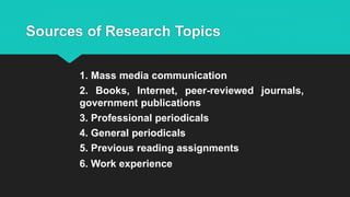 Sources of Research Topics
1. Mass media communication
2. Books, Internet, peer-reviewed journals,
government publications
3. Professional periodicals
4. General periodicals
5. Previous reading assignments
6. Work experience
 