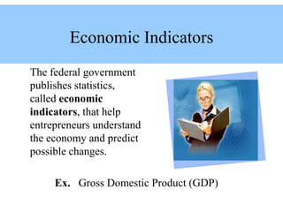 Economic Indicators
The federal government
publishes statistics,
called economic
indicators, that help
entrepreneurs understand
the economy and predict
possible changes.
Ex. Gross Domestic Product (GDP)
 