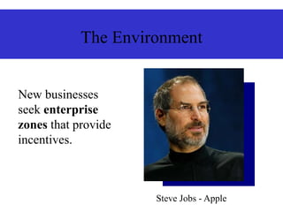 The Environment
New businesses
seek enterprise
zones that provide
incentives.
Steve Jobs - Apple
 