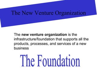 The New Venture Organization
The new venture organization is the
infrastructure/foundation that supports all the
products, processes, and services of a new
business
 