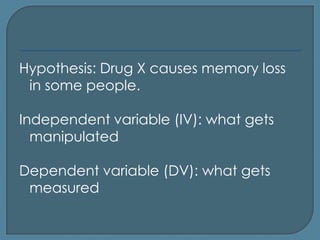 Hypothesis: Drug X causes memory loss
 in some people.

Independent variable (IV): what gets
  manipulated

Dependent variable (DV): what gets
 measured
 