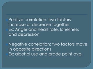  Positivecorrelation: two factors
  increase or decrease together
 Ex: Anger and heart rate, loneliness
  and depression

 Negative  correlation: two factors move
  in opposite directions
 Ex: alcohol use and grade point avg.
 