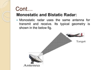 Cont…
Monostatic and Bistatic Radar:
 Monostatic radar uses the same antenna for
transmit and receive. Its typical geometry is
shown in the below fig.
 