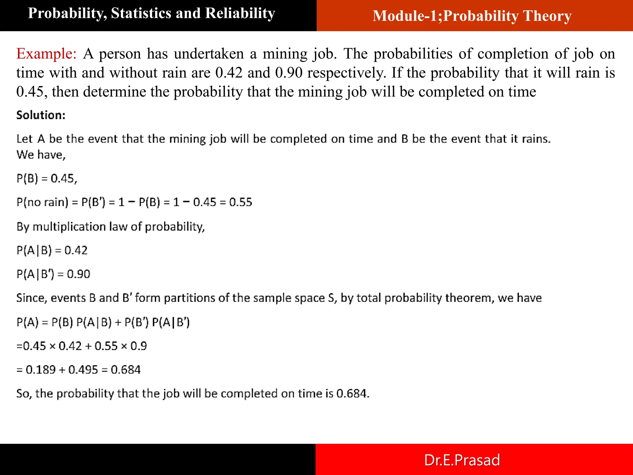 Module-1;Probability Theory
Probability, Statistics and Reliability
Dr.E.Prasad
Example: A person has undertaken a mining job. The probabilities of completion of job on
time with and without rain are 0.42 and 0.90 respectively. If the probability that it will rain is
0.45, then determine the probability that the mining job will be completed on time
 