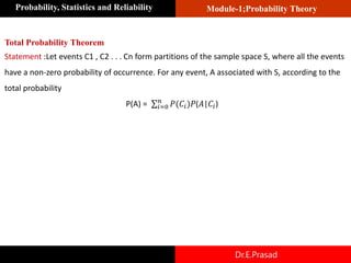 Module-1;Probability Theory
Probability, Statistics and Reliability
Dr.E.Prasad
Total Probability Theorem
Statement :Let events C1 , C2 . . . Cn form partitions of the sample space S, where all the events
have a non-zero probability of occurrence. For any event, A associated with S, according to the
total probability
P(A) = σ𝑖=0
𝑛
𝑃(𝐶𝑖)𝑃(𝐴|𝐶𝑖)
 