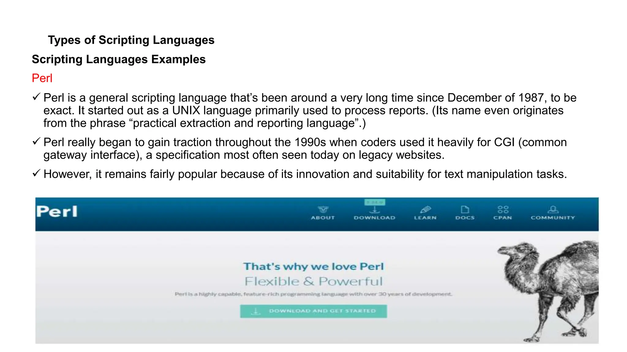 Types of Scripting Languages
Scripting Languages Examples
Perl
 Perl is a general scripting language that’s been around a very long time since December of 1987, to be
exact. It started out as a UNIX language primarily used to process reports. (Its name even originates
from the phrase “practical extraction and reporting language”.)
 Perl really began to gain traction throughout the 1990s when coders used it heavily for CGI (common
gateway interface), a specification most often seen today on legacy websites.
 However, it remains fairly popular because of its innovation and suitability for text manipulation tasks.
 