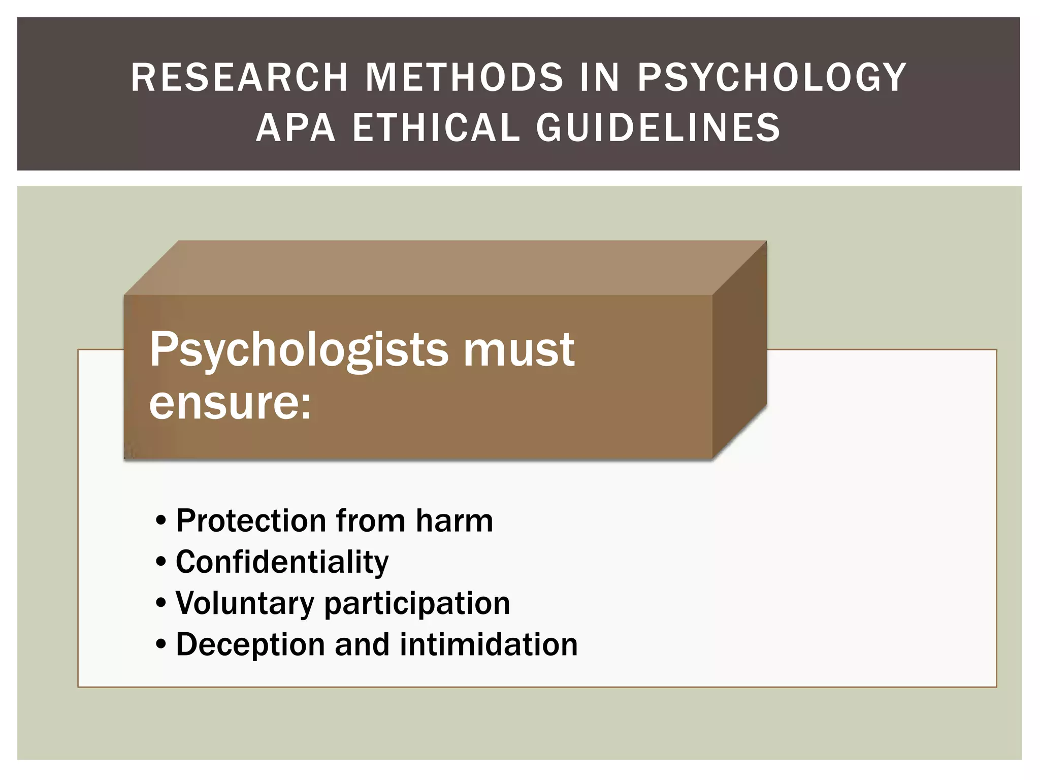 RESEARCH METHODS IN PSYCHOLOGY
APA ETHICAL GUIDELINES

Psychologists must
ensure:
•Protection from harm
•Confidentiality
•Voluntary participation
•Deception and intimidation

 