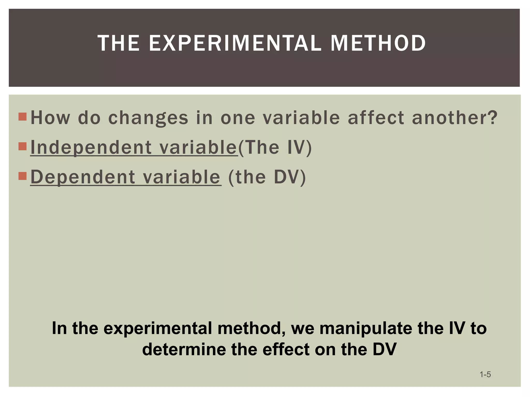 THE EXPERIMENTAL METHOD
How do changes in one variable affect another?
Independent variable(The IV)
Dependent variable (the DV)

In the experimental method, we manipulate the IV to
determine the effect on the DV
1-5

 