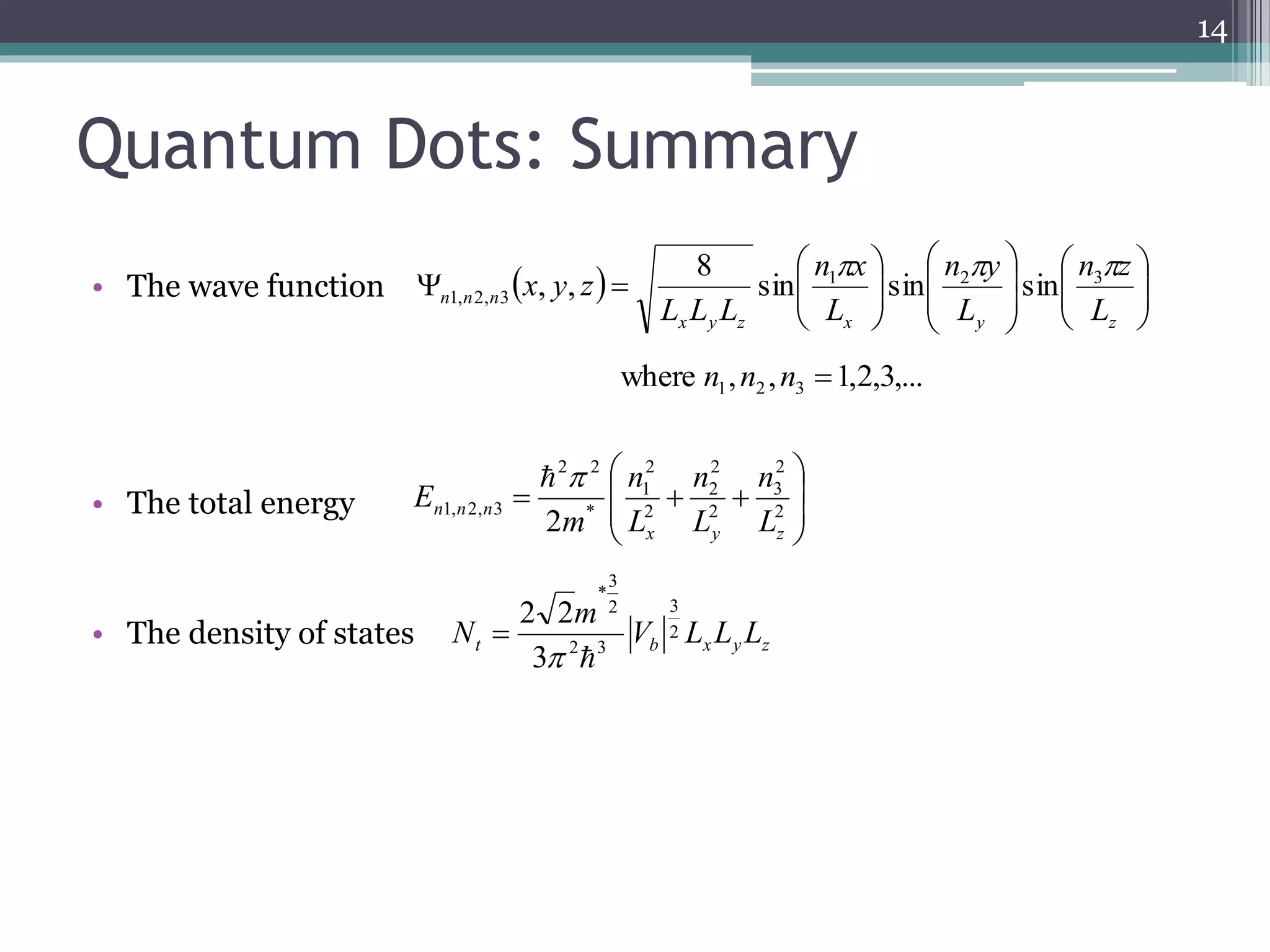 Quantum Dots: Summary 
• The wave function 
• The total energy 
• The density of states 
14 
 
 
 
 
 
 
n z 
n y 
n x 
8 
    
n n n L L L 
L 
2 
2 
2 
1 
2 2 
n 
n 
   2 
n n n L 
1, 2, 3 2 x y z 
m 
3 
 
3 
* 
2 2 
  
N 2 
t b x y z V L L L 
2 3 
2 
3 
 
 
  
 
  
 
2 
3 
2 
2 
* 
n 
L 
L 
m 
E 
  
 
  
 
 
 
 
 
 
 
 
 
 
 
 
 
  
L 
L 
x y z x y z 
x y z 
   1 2 3 
, , 
sin sin sin 
1, 2, 3 where , , 1,2,3,... 1 2 3 n n n  
