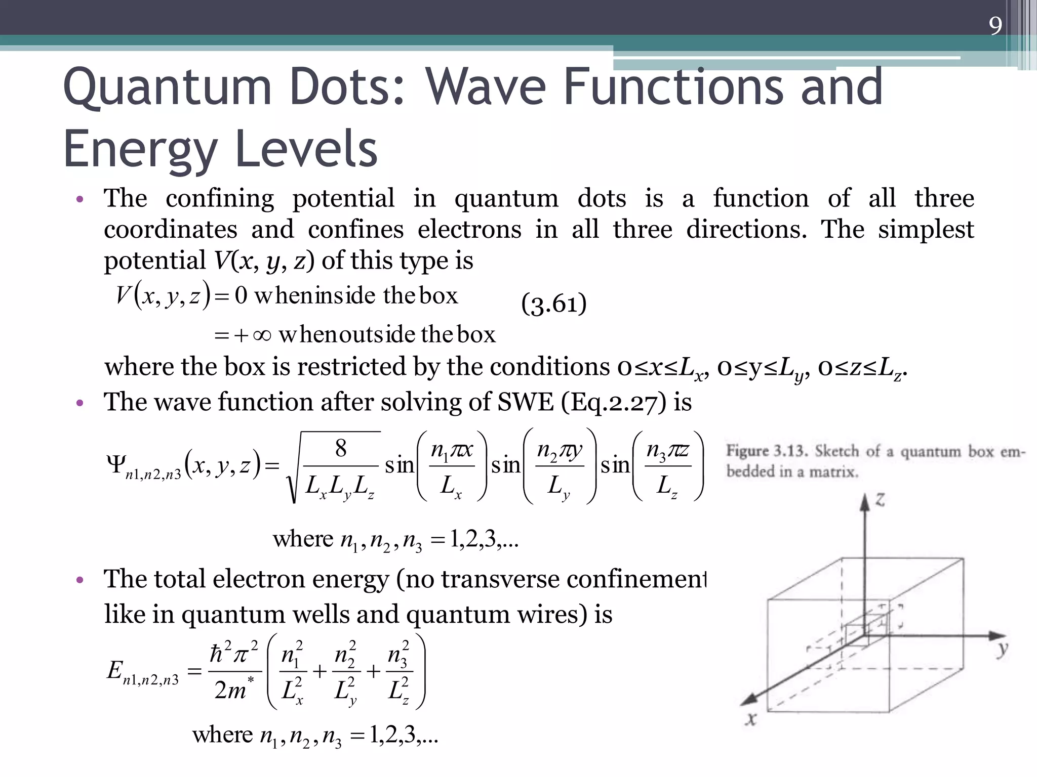 Quantum Dots: Wave Functions and 
Energy Levels 
The confining potential in quantum dots is a function of all three coordinates and confines electrons in 
all three directions. The simplest potential V(x,y,z) of this type is 
• The confining potential in quantum dots is a function of all three 
coordinates and confines electrons in all three directions. The simplest 
potential V(x, y, V(z) x,of y,z) this type = 0 when is 
inside the box 
= + when outside the box 
V x , y , z  0 when inside the box 
(3.61) 
where the box is restricted by the conditions 0  x  Lx, 0  y  Ly and 0  z  Lx. 
where the box is restricted by the conditions 0≤x≤Lx, 0≤y≤Ly, 0≤z≤Lz. 
The wave function after solving of SWE (Eq. 2.27) is 
• The wave function after solving of SWE (Eq.2.27) is 
 
πzn 
 
 
 
 
πxn 
 
n z 
πyn 
n y 
n x 
8 
8 
n n n L L L 
L 
L 
L 
• The total electron energy (no transverse confinement 
like in quantum wells and quantum wires) is 
9 
  
when outside the box 
  
    
 
  
 
 
 
 
 
 
 
 
 
 
 
 
 
  
x y z x y z 
x y z 
   1 2 3 
, , 
sin sin sin 
1, 2, 3 where , , 1,2,3,... 1 2 3 n n n  
 
2 
1 
  
n 
( 
2 
3 
2 
2 
2 2 
E = 2 
 
 
  
2 
2 
2 
1 
2 2 
n 
n 
π 
   2 
n n n L 
1, 2, 3 2 x y z 
 
2 
3 
2 
2 
* 
n 
L 
L 
m 
E 
  
where , , 1,2,3,... 1 2 3 n n n  
(3.61) 
) 
L 
) sin( 
L 
) sin( 
L 
sin( 
L L L 
ψ (x,y,z) = 
z 
3 
y 
2 
x 
1 
x y z 
n1,n2,n3 
where n1, n2, n3 = 1, 2, 3, … 
The total electron energy (no transverse confinement like in 
quantum wells and quantum wires) is 
) 
n 
+ 
L 
n 
+ 
L 
L 
2m 
z 
2 
y 
2 
x 
* 
n1,n2,n3 
 
where n1, n2, n3 = 1, 2, 3, … 
 