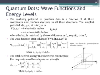 Quantum Dots: Wave Functions and 
Energy Levels 
The confining potential in quantum dots is a function of all three coordinates and confines electrons in 
all three directions. The simplest potential V(x,y,z) of this type is 
• The confining potential in quantum dots is a function of all three 
coordinates and confines electrons in all three directions. The simplest 
potential V(x, y, V(z) x,of y,z) this type = 0 when is 
inside the box 
= + when outside the box 
V x , y , z  0 when inside the box 
(3.61) 
where the box is restricted by the conditions 0  x  Lx, 0  y  Ly and 0  z  Lx. 
where the box is restricted by the conditions 0≤x≤Lx, 0≤y≤Ly, 0≤z≤Lz. 
The wave function after solving of SWE (Eq. 2.27) is 
• The wave function after solving of SWE (Eq.2.27) is 
 
πzn 
 
 
 
 
πxn 
 
n z 
πyn 
n y 
n x 
8 
8 
n n n L L L 
L 
L 
L 
• The total electron energy (no transverse confinement 
like in quantum wells and quantum wires) is 
9 
  
when outside the box 
  
    
 
  
 
 
 
 
 
 
 
 
 
 
 
 
 
  
x y z x y z 
x y z 
   1 2 3 
, , 
sin sin sin 
1, 2, 3 where , , 1,2,3,... 1 2 3 n n n  
 
2 
1 
  
n 
( 
2 
3 
2 
2 
2 2 
E = 2 
 
 
  
2 
2 
2 
1 
2 2 
n 
n 
π 
   2 
n n n L 
1, 2, 3 2 x y z 
 
2 
3 
2 
2 
* 
n 
L 
L 
m 
E 
  
where , , 1,2,3,... 1 2 3 n n n  
(3.61) 
) 
L 
) sin( 
L 
) sin( 
L 
sin( 
L L L 
ψ (x,y,z) = 
z 
3 
y 
2 
x 
1 
x y z 
n1,n2,n3 
where n1, n2, n3 = 1, 2, 3, … 
The total electron energy (no transverse confinement like in 
quantum wells and quantum wires) is 
) 
n 
+ 
L 
n 
+ 
L 
L 
2m 
z 
2 
y 
2 
x 
* 
n1,n2,n3 
 
where n1, n2, n3 = 1, 2, 3, … 
 