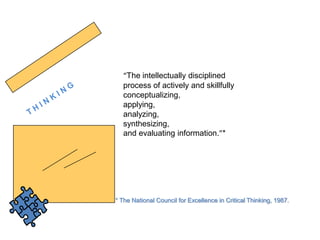 “The intellectually disciplined
  process of actively and skillfully
  conceptualizing,
  applying,
  analyzing,
  synthesizing,
  and evaluating information.”*




* The National Council for Excellence in Critical Thinking, 1987.
 