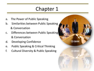 Chapter 1
a. The Power of Public Speaking
b. Similarities between Public Speaking
   & Conversation
c. Differences between Public Speaking
   & Conversation
d. Developing Confidence
e. Public Speaking & Critical Thinking
f. Cultural Diversity & Public Speaking
 
