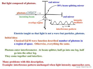 Initial idea:
Classical E&M wave function described number of photons in
a region of space. Otherwise, everything the same.
Photons enter interferometer. At beam splitter, half go into one leg, half
go into the other leg.
They come together and interfere.
Many problems with this description.
Example: interference pattern unchanged when light intensity approaches zero.
I
incoming beam
end mirror
50% beam splitting mirror
end mirror
intensity
oscillates
interference pattern
x
overlap region
Einstein taught us that light is not a wave but particles, photons.
photons
Copyright – Michael D. Fayer, 2018
But light composed of photons.
 