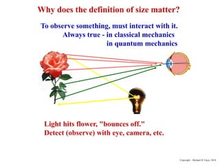 Why does the definition of size matter?
To observe something, must interact with it.
Always true - in classical mechanics
in quantum mechanics
Light hits flower, "bounces off."
Detect (observe) with eye, camera, etc.
Copyright – Michael D. Fayer, 2018
 
