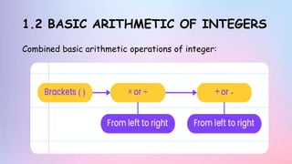 1.2 BASIC ARITHMETIC OF INTEGERS
Combined basic arithmetic operations of integer:
 