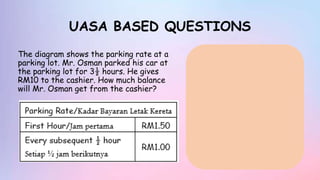 UASA BASED QUESTIONS
The diagram shows the parking rate at a
parking lot. Mr. Osman parked his car at
the parking lot for 3½ hours. He gives
RM10 to the cashier. How much balance
will Mr. Osman get from the cashier?
 