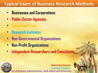 Rahim Bux Soomro
Assistant Professor
Department of Business Administration, Shah Abdul Latif University
Typical Users of Business Research MethodsTypical Users of Business Research Methods
• Businesses and Corporations
• Public-Sector Agencies
• Consulting Firms
• Research Institutes
• Non-Governmental Organizations
• Non-Profit Organizations
• Independent Researchers and Consultants
 
