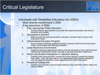 Critical Legislature Individuals with Disabilities Education Act (IDEA) Most recently reauthorized in 2004 6 key provisions of IDEA Free, Appropriate Public Education School districts are required to provide free special education services to students who qualify. Appropriate Evaluation Before receiving special education services a student has to have a full evaluation done. Individualized Education Program Every student receiving special education services will have this document which summarizes their learning program. Least Restrictive Environment Students receiving special education must be educated in the most inclusive setting that meets their needs; typically a general education classroom. Parent and Student Participation in Decision Making Parents now must give their consent for every decision made that affects their child.  They can also ask for an independent educational evaluation and can dispute decisions made regarding their child’s education. Procedural Safeguards Parents can request a due process hearing if they feel their child’s rights are being violated.  
