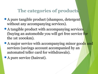 The categories of products:
A pure tangible product (shampoo, detergent
without any accompanying services).
A tangible product with accompanying services
(buying an automobile you will get free service for
the 1st 1000km).
A major service with accompanying minor goods and
services (savings account accompanied by an
automated teller card for withdrawals).
A pure service (haircut).
 