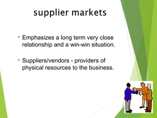  Emphasizes a long term very close
relationship and a win-win situation.
 Suppliers/vendors - providers of
physical resources to the business.
 