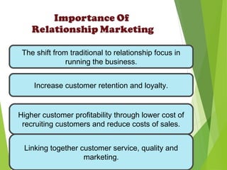 The shift from traditional to relationship focus in
running the business.
Increase customer retention and loyalty.
Higher customer profitability through lower cost of
recruiting customers and reduce costs of sales.
Linking together customer service, quality and
marketing.
 
