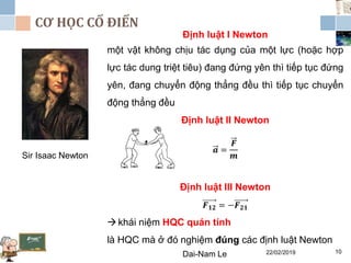 CƠ HỌC CỔ ĐIỂN
22/02/2019Dai-Nam Le 10
Sir Isaac Newton
Định luật I Newton
một vật không chịu tác dụng của một lực (hoặc hợp
lực tác dung triệt tiêu) đang đứng yên thì tiếp tục đứng
yên, đang chuyển động thẳng đều thì tiếp tục chuyển
động thẳng đều
Định luật II Newton
𝒂 =
𝑭
𝒎
Định luật III Newton
𝑭 𝟏𝟐 = −𝑭 𝟐𝟏
khái niệm HQC quán tính
là HQC mà ở đó nghiệm đúng các định luật Newton
 