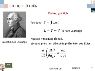 CƠ HỌC CỔ ĐIỂN
22/02/2019Dai-Nam Le 19
Joseph-Louis Lagrange
Cơ học giải tích
Tác dụng 𝑆 = 𝐿𝑑𝑡
𝐿 = 𝑇 − 𝑉 là hàm Lagrange
Nguyên lý tác dụng tối thiểu
sử dụng phép tính biến phân phiếm hàm của Euler
𝑑
𝑑𝑡
𝜕𝐿
𝜕 𝑞 𝑗
=
𝜕𝐿
𝜕𝑞𝑗
 