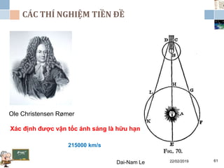 22/02/2019Dai-Nam Le 61
CÁC THÍ NGHIỆM TIỀN ĐỀ
Ole Christensen Rømer
Xác định được vận tốc ánh sáng là hữu hạn
215000 km/s
 