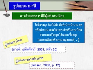 รูปแบบนาม-ปี
การอ้างเอกสารที่มีผู้แต่งคนเดียว
(ภารดี อนันต์นาวี, 2551, หน้า 30)
(Jensen, 2000, p. 12)
ใส่ชื่อ-สกุล โดยไม่ต้องใส่คานาหน้านาม ยศ
หรือตาแหน่งทางวิชาการ สาหรับภาษาไทย
ส่วนภาษาอังกฤษ ใส่เฉพาะชื่อสกุล
และตามด้วยเครื่องหมายจุลภาค ( , )
 