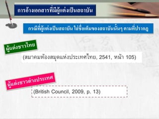 การอ้างเอกสารที่มีผู้แต่งเป็นสถาบัน
กรณีที่ผู้แต่งเป็นสถาบัน ใส่ชื่อเต็มของสถาบันนั้นๆ ตามที่ปรากฎ
(สมาคมห้องสมุดแห่งประเทศไทย, 2541, หน้า 105)
(British Council, 2009, p. 13)
 