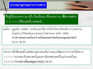 บรรณานุกรมจากวารสาร
ชื่อผู้เขียนบทความ.//(ปี,/วัน/เดือน).//ชื่อบทความ.//ชื่อวารสาร,
/ / / / / / / / ปีที่/(เล่มที่),/เลขหน้า.
ยุรฉัตร บุญสนิท. (2555). ระเบียบและวิธีการวิจัยในวิทยานิพนธ์ทางวรรณกรรม
ปัจจุบัน (กวีนิพนธ์และบทเพลง) ในช่วงพ.ศ. 2541 -2555.
วารสารสงขลานครินทร์ ฉบับสงคมศาสตร์และมนุายศาสตร์,
18 (1), 36-73.
ประภาวดี//สืบสนธิ์.//(2553,/ตุลาคม-ธันวาคม).//พัฒนาการงานวิจัยทาง
/ / / / / / /บรรณารักษศาสตร์และสารนิเทศศาสตร์ในประเทศไทย.
/ / / / / / /วารสารห้องสมุด,/34(9),/14-31.
 