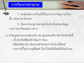 การเรียงบรรณานุกรม
1. บทนิพนธ์ภาษาไทยให้เรียงรายการวัสดุภาษาไทย
ขึ้น ก่อนภาษาอังกฤษ
2. เรียงบรรณานุกรมตามลาดับตัวอักษรของข้อมูล
รายการแรกในแต่ละรายการ
3. ถ้าข้อมูลส่วนแรกเหมือนกัน เช่น ผู้แต่งคนเดียวกัน จัดเรียงดังนี้
- เรียงลาดับปีพิมพ์ค่าน้อยกว่าก่อน
- ปีพิมพ์เดียวกัน เรียงตามตัวอักษรกากับท้ายปีพิมพ์
- รายการที่ไม่ปรากฏปีพิมพ์ เรียงไว้หลังปีพิมพ์ที่เป็นตัวเลข
 