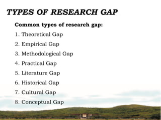 TYPES OF RESEARCH GAP
Common types of research gap:
1. Theoretical Gap
2. Empirical Gap
3. Methodological Gap
4. Practical Gap
5. Literature Gap
6. Historical Gap
7. Cultural Gap
8. Conceptual Gap
 