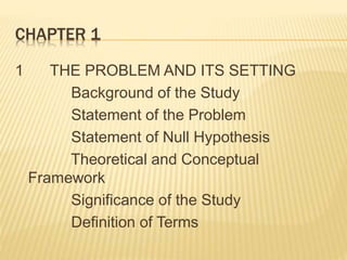 CHAPTER 1
1 THE PROBLEM AND ITS SETTING
Background of the Study
Statement of the Problem
Statement of Null Hypothesis
Theoretical and Conceptual
Framework
Significance of the Study
Definition of Terms
 