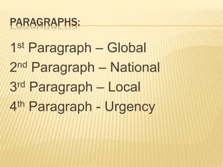 PARAGRAPHS:
1st Paragraph – Global
2nd Paragraph – National
3rd Paragraph – Local
4th Paragraph - Urgency
 