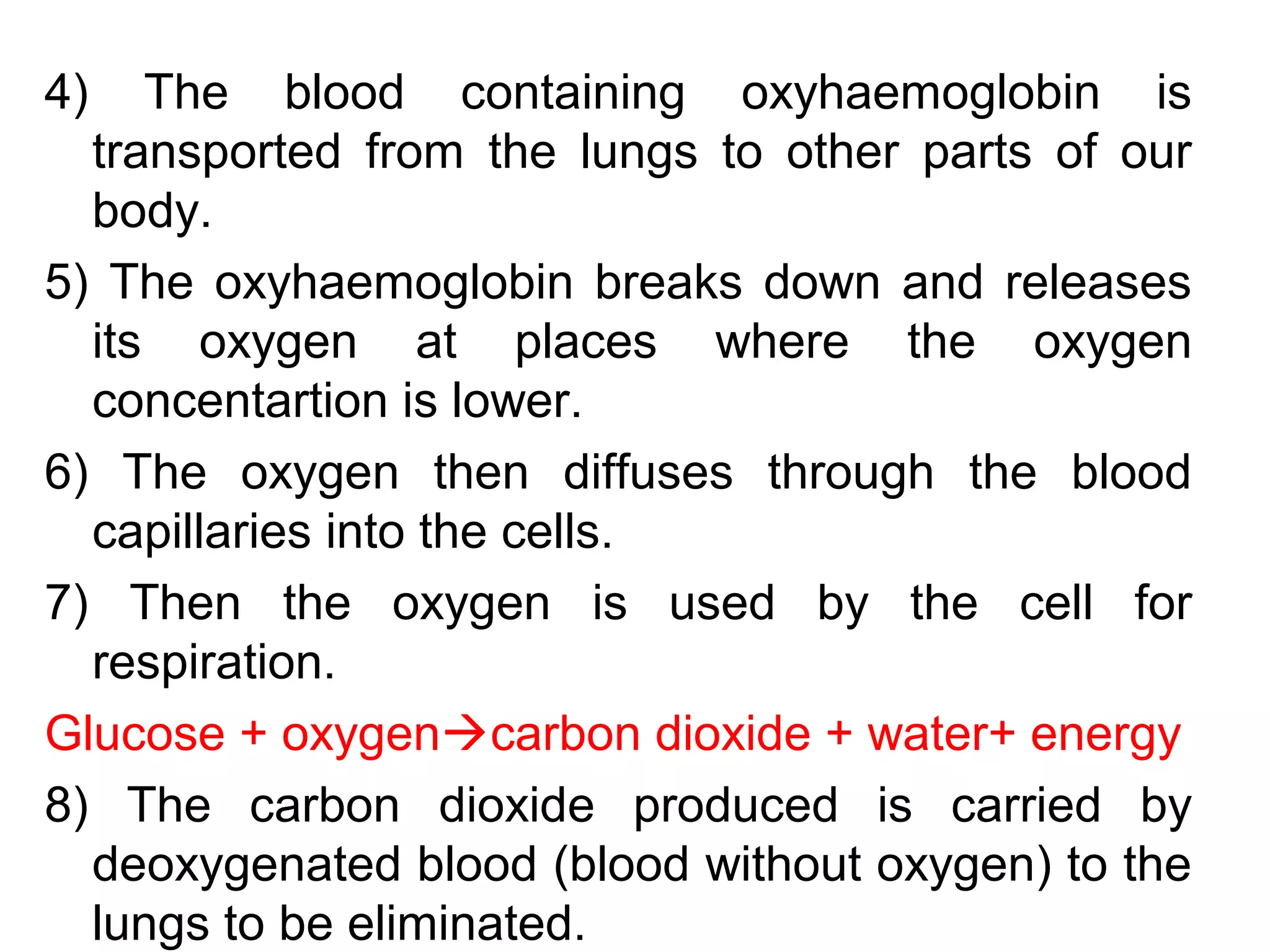 4) The blood containing oxyhaemoglobin is
transported from the lungs to other parts of our
body.
5) The oxyhaemoglobin breaks down and releases
its oxygen at places where the oxygen
concentartion is lower.
6) The oxygen then diffuses through the blood
capillaries into the cells.
7) Then the oxygen is used by the cell for
respiration.
Glucose + oxygencarbon dioxide + water+ energy
8) The carbon dioxide produced is carried by
deoxygenated blood (blood without oxygen) to the
lungs to be eliminated.
 