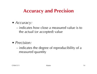 Accuracy and Precision

• Accuracy:
   –  indicates how close a measured value is to
      the actual (or accepted) value


• Precision:
   –  indicates the degree of reproducibility of a
      measured quantity


CHM1311                 Matter                       14
 