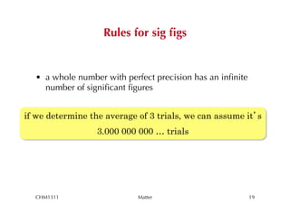 Rules for sig ﬁgs


  •  a whole number with perfect precision has an inﬁnite
     number of signiﬁcant ﬁgures


if we determine the average of 3 trials, we can assume it s
                  3.000 000 000 … trials




  CHM1311                   Matter                          19
 