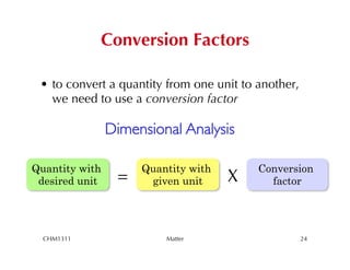 Conversion Factors

 •  to convert a quantity from one unit to another,
    we need to use a conversion factor

                Dimensional Analysis

Quantity with        Quantity with         Conversion
 desired unit    =    given unit     X       factor




  CHM1311                Matter                       24
 