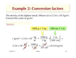 Example 2: Conversion factors
The density of the lightest metal, lithium (Li) is 5.34 x 102 kg/m3.
Convert this value to g/cm3.

Solution	

                           1000 g = 1 kg       100 cm = 1 m


              3           2 kg   1000 g   1 m %3
        ? g/cm = 5.34 x 10   3
                               •        •$        ' =
                            m     1 kg   # 100 cm 
                 2kg   1000 g   1 m3
        5.34 x 10    •        • 6     = 0.534 g/cm3
                  m3    1 kg   10 cm3
   CHM1311                      Matter                         26
 