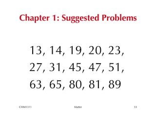 Chapter 1: Suggested Problems


     13, 14, 19, 20, 23,
     27, 31, 45, 47, 51,
     63, 65, 80, 81, 89
CHM1311      Matter         33
 