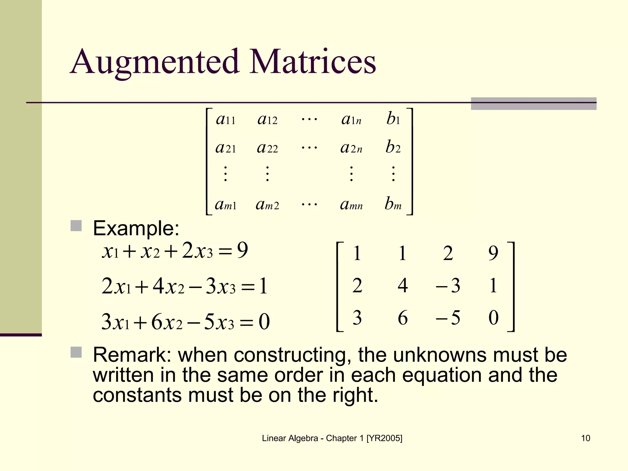 Linear Algebra - Chapter 1 [YR2005] 10
Augmented Matrices
 Example:
 Remark: when constructing, the unknowns must be
written in the same order in each equation and the
constants must be on the right.












mmnmm
n
n
baaa
baaa
baaa




21
222221
111211
0563
1342
92
321
321
321
=−+
=−+
=++
xxx
xxx
xxx










−
−
0563
1342
9211
 