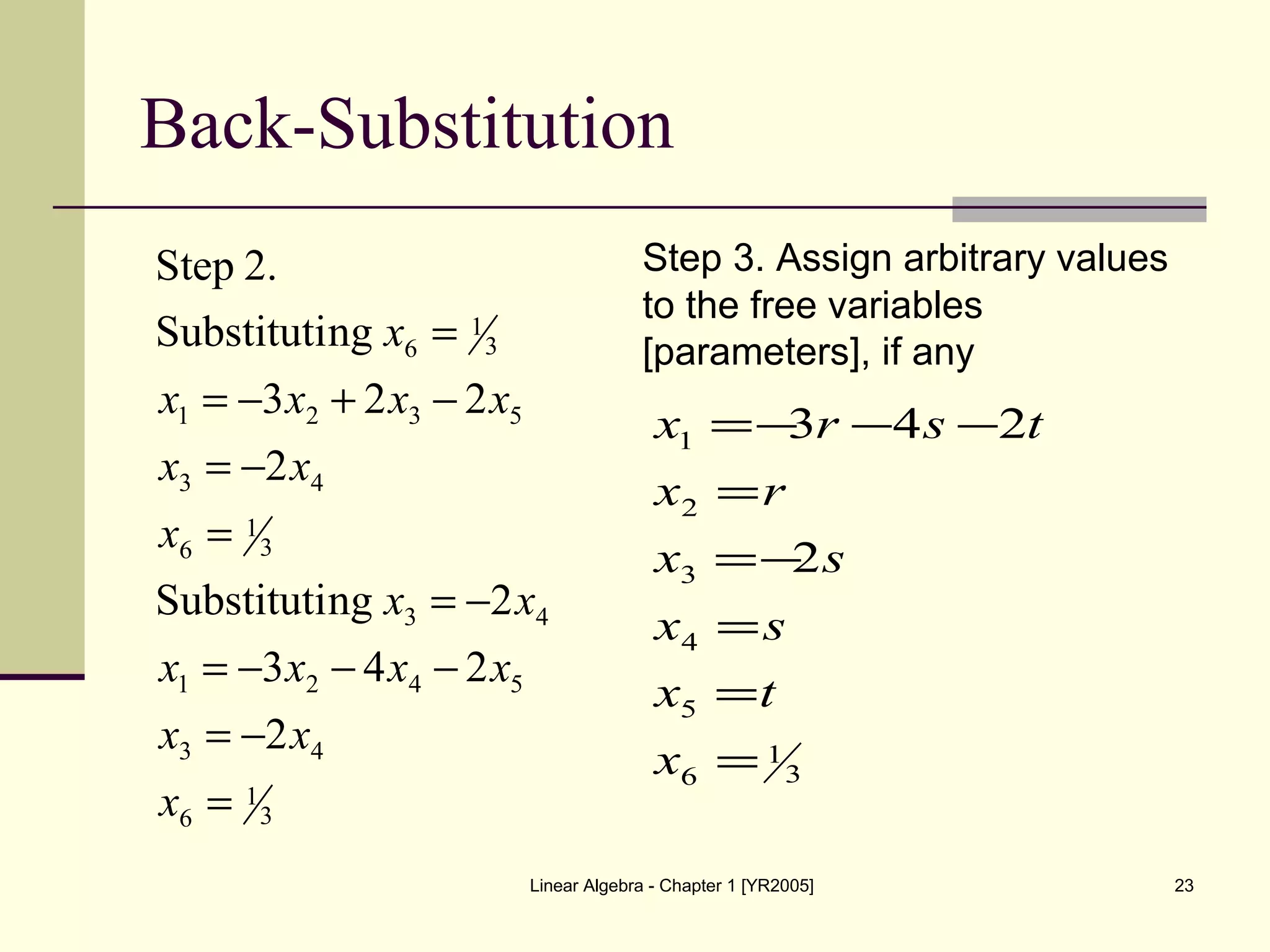 Linear Algebra - Chapter 1 [YR2005] 23
Back-Substitution
3
1
6
43
5421
43
3
1
6
43
5321
3
1
6
2
243
2ngSubstituti
2
223
ngSubstituti
2.Step
=
−=
−−−=
−=
=
−=
−+−=
=
x
xx
xxxx
xx
x
xx
xxxx
x
Step 3. Assign arbitrary values
to the free variables
[parameters], if any
3
1
6
5
4
3
2
1
2
243
=
=
=
−=
=
−−−=
x
tx
sx
sx
rx
tsrx
 