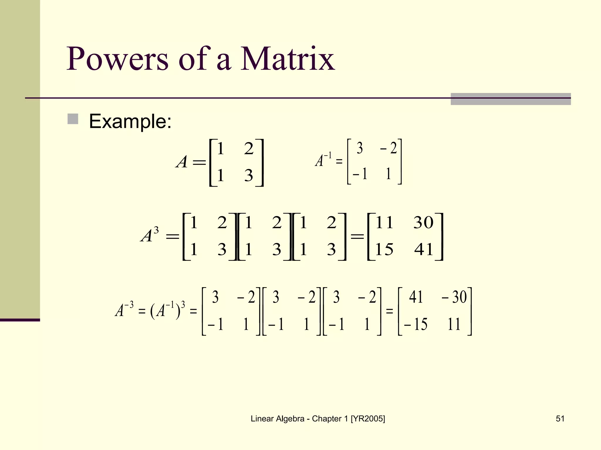 Linear Algebra - Chapter 1 [YR2005] 51
Powers of a Matrix
 Example:






=
31
21
A 





−
−
=−
11
231
A






=

















=
4115
3011
31
21
31
21
31
213
A






−
−
=





−
−






−
−






−
−
== −−
1115
3041
11
23
11
23
11
23
)( 313
AA
 