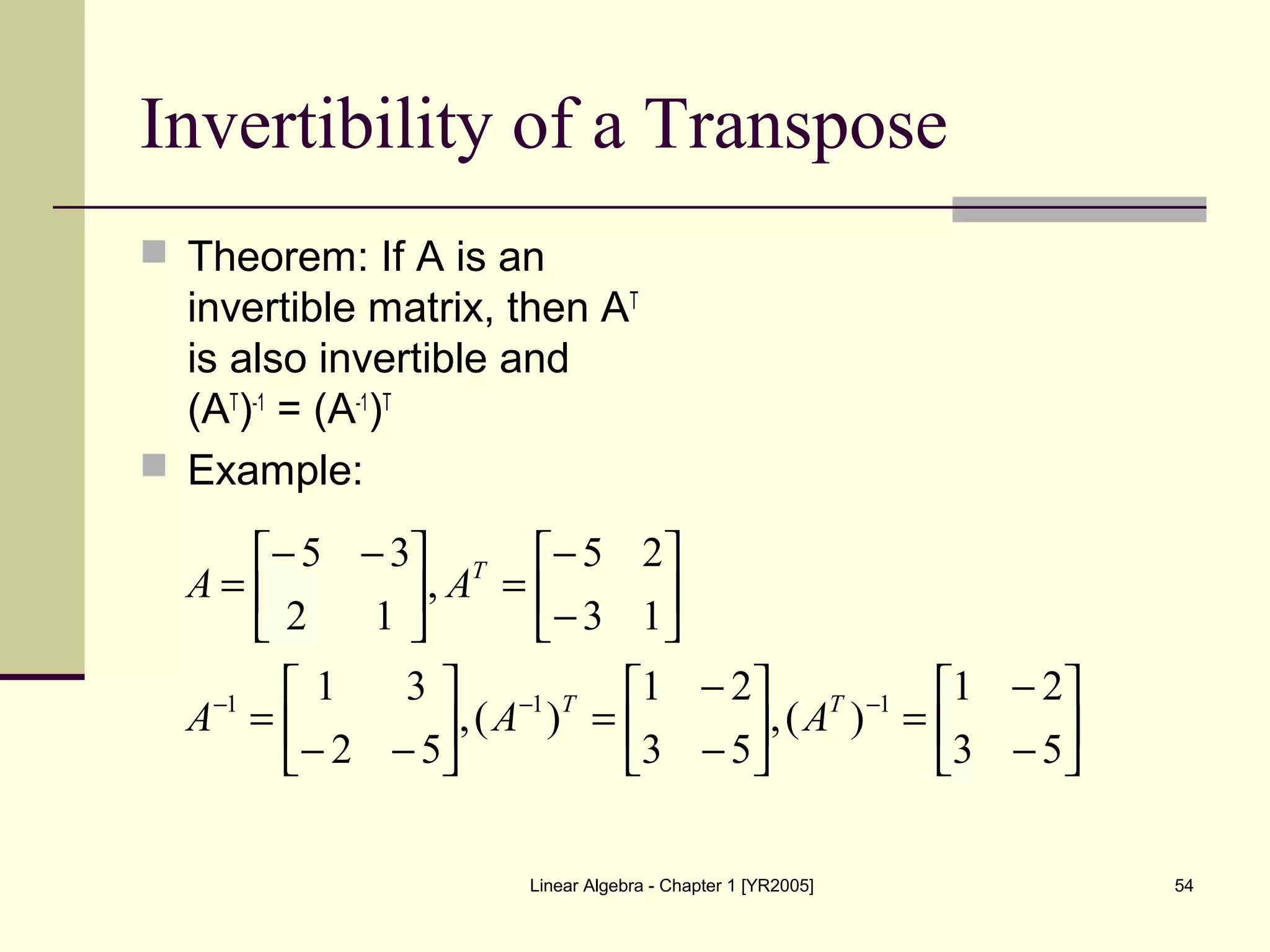 Linear Algebra - Chapter 1 [YR2005] 54
Invertibility of a Transpose
 Theorem: If A is an
invertible matrix, then AT
is also invertible and
(AT
)-1
= (A-1
)T
 Example:






−
−
=





−
−
=





−−
=






−
−
=




 −−
=
−−−
53
21
)(,
53
21
)(,
52
31
13
25
,
12
35
111 TT
T
AAA
AA
 