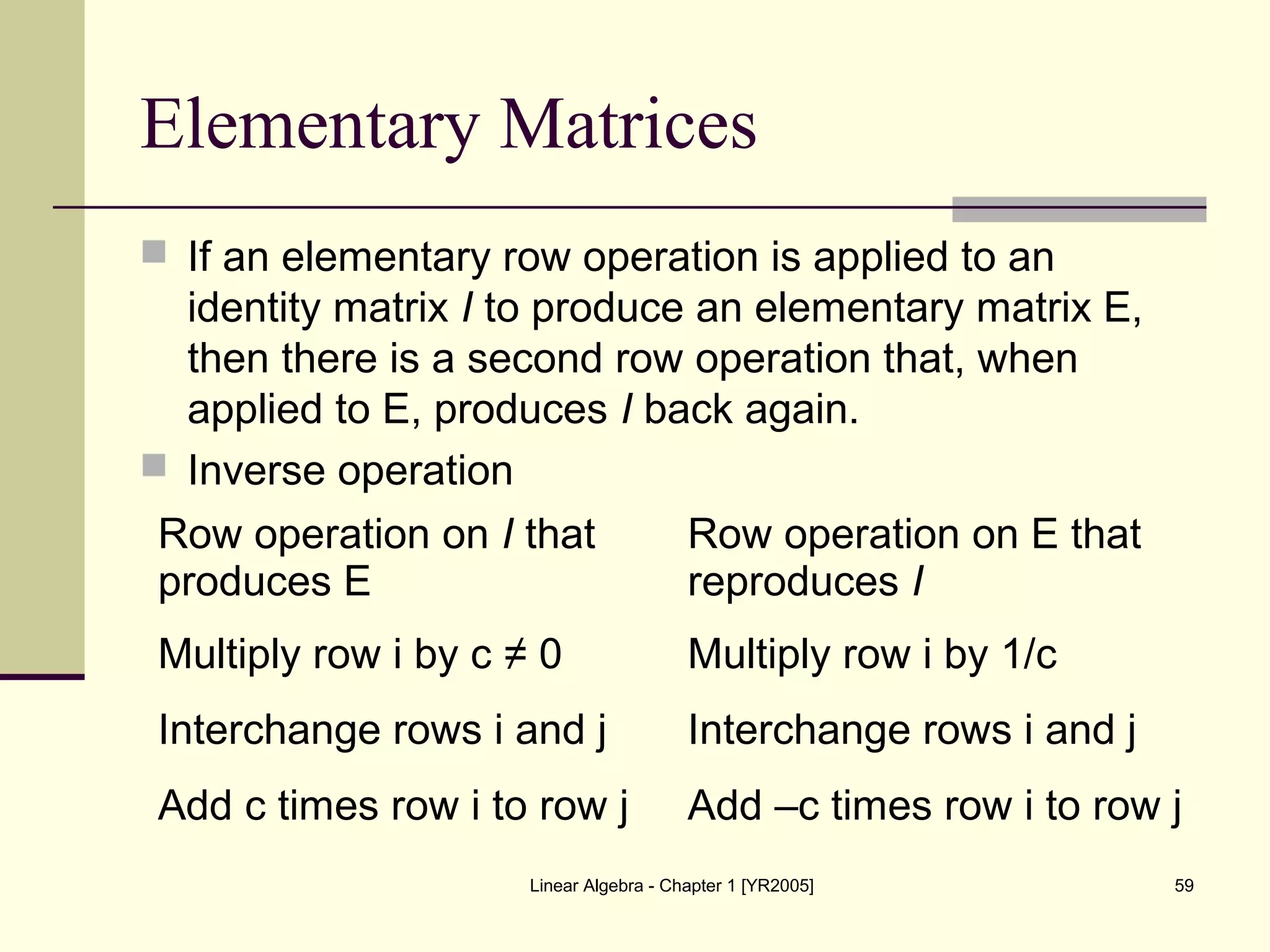 Linear Algebra - Chapter 1 [YR2005] 59
Elementary Matrices
 If an elementary row operation is applied to an
identity matrix I to produce an elementary matrix E,
then there is a second row operation that, when
applied to E, produces I back again.
 Inverse operation
Row operation on I that
produces E
Row operation on E that
reproduces I
Multiply row i by c ≠ 0 Multiply row i by 1/c
Interchange rows i and j Interchange rows i and j
Add c times row i to row j Add –c times row i to row j
 