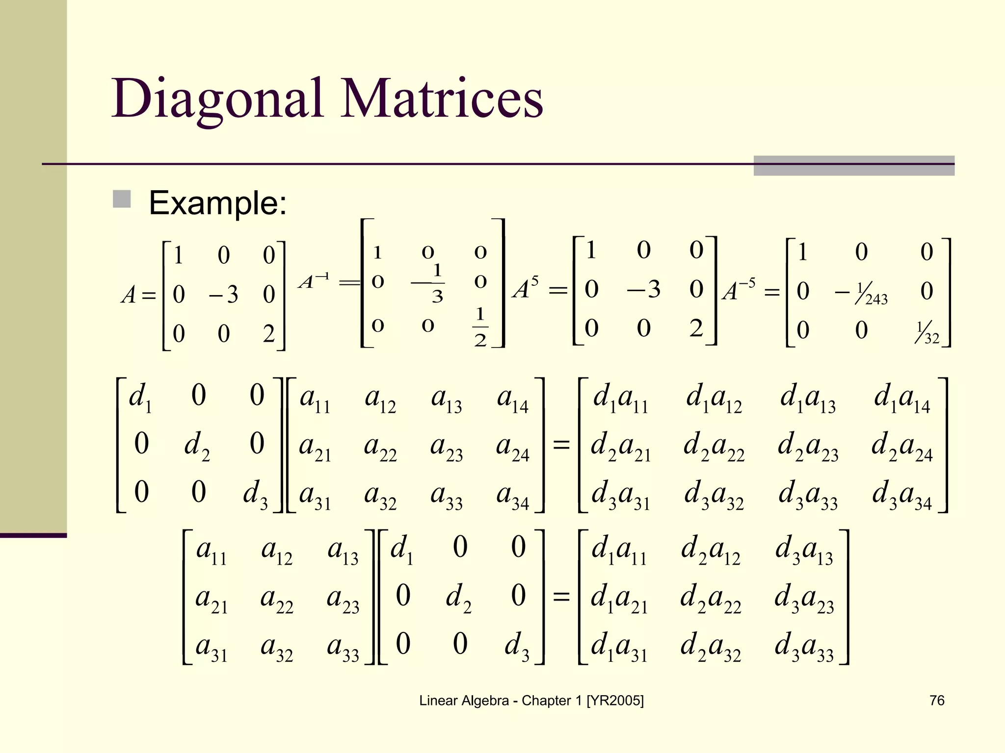 Linear Algebra - Chapter 1 [YR2005] 76
Diagonal Matrices
 Example:










−=
200
030
001
A
















−=−
2
1
00
0
3
1
0
001
1
A










−=
200
030
001
5
A










−=−
32
1
243
15
00
00
001
A










=






























=




















333322311
233222211
133122111
3
2
1
333231
232221
131211
343333323313
242232222212
141131121111
34333231
24232221
14131211
3
2
1
00
00
00
00
00
00
adadad
adadad
adadad
d
d
d
aaa
aaa
aaa
adadadad
adadadad
adadadad
aaaa
aaaa
aaaa
d
d
d
 