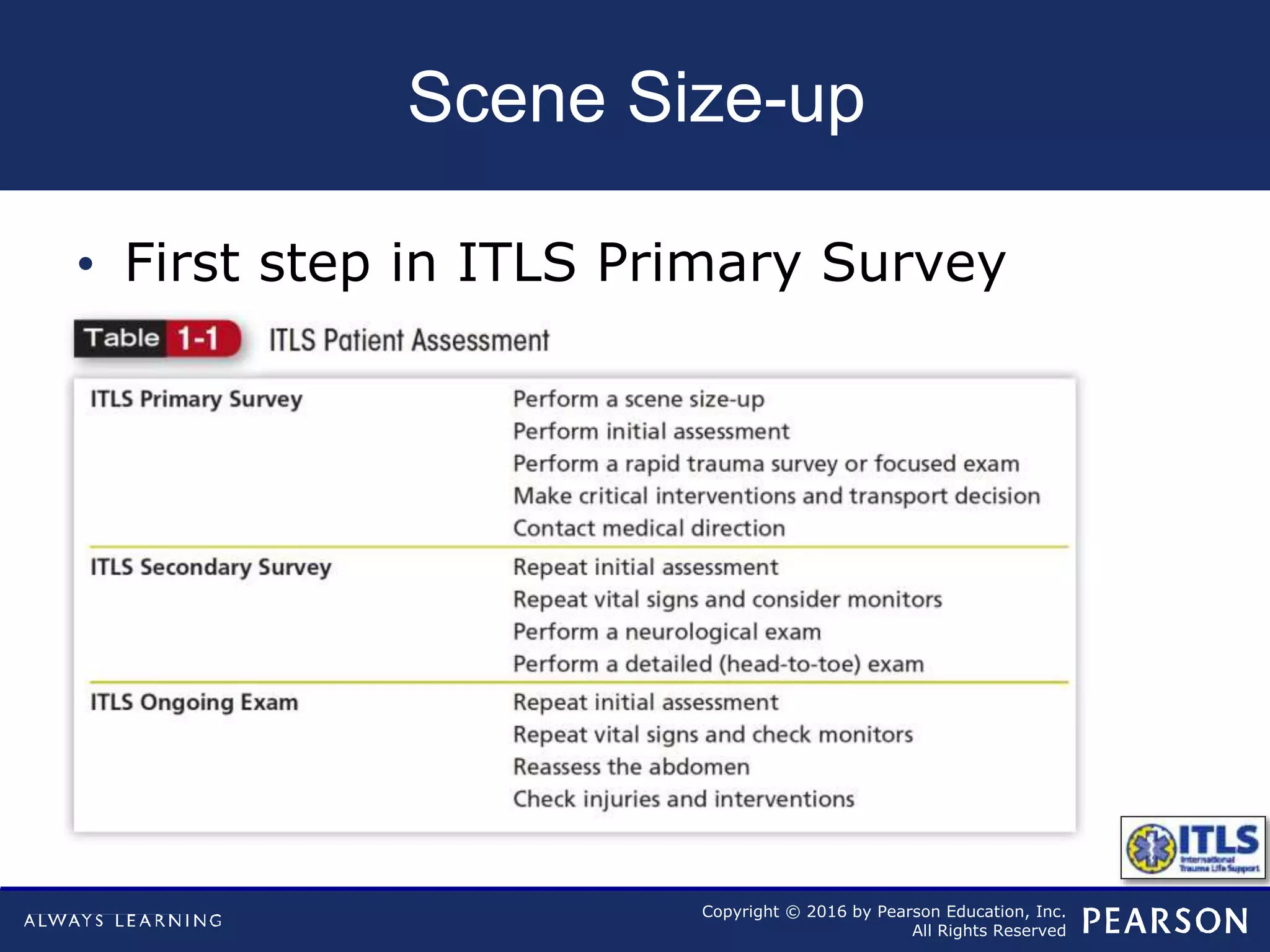 Copyright © 2016 by Pearson Education, Inc.
All Rights Reserved
Scene Size-up
• First step in ITLS Primary Survey
 